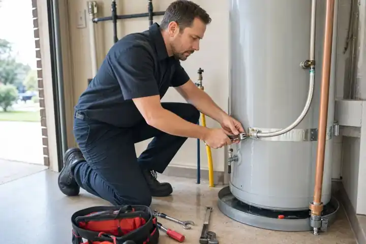 Plumber inspecting water heater connections
